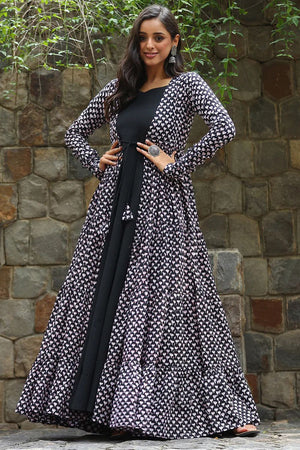 Black Printed Rayon Gown (KF lucaya17-1703)