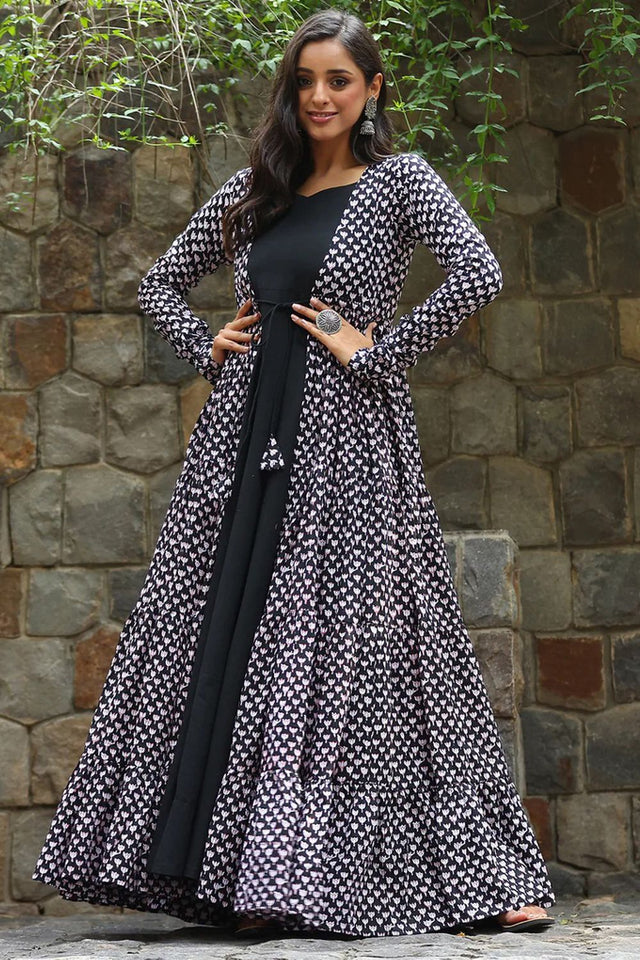 Black Printed Rayon Gown (KF lucaya17-1703)