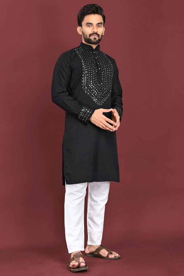 Black Sequin Silk Men's Kurta Set