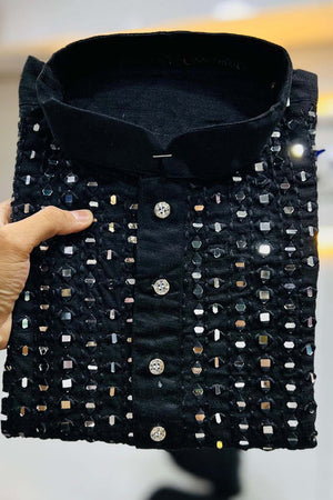 Black Sequin Silk Men's Kurta Set