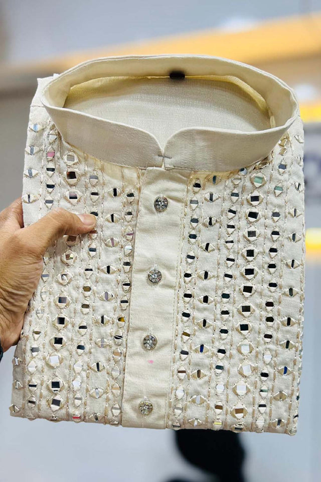 White Sequin Silk Men's Kurta Set