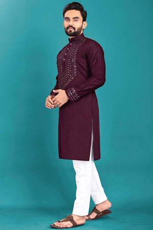 Red Sequin Silk Men's Kurta Set
