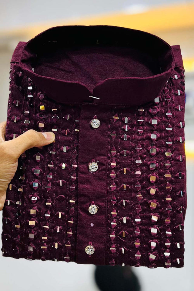 Red Sequin Silk Men's Kurta Set