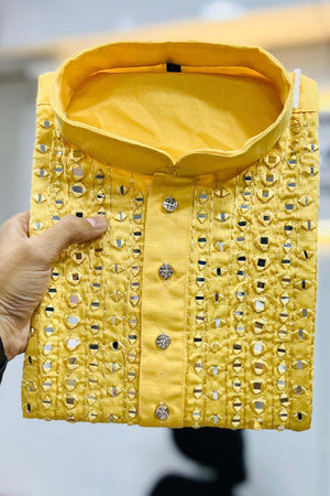 Yellow Sequin Silk Men's Kurta Set