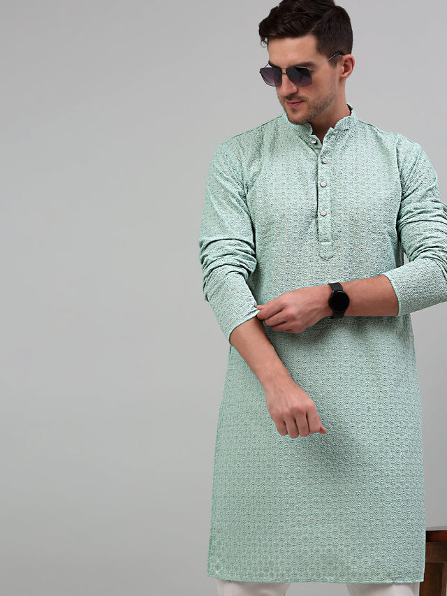 Men's Green Chikankari Embroidered And Sequin Kurta