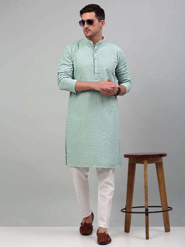 Men's Green Chikankari Embroidered And Sequin Kurta