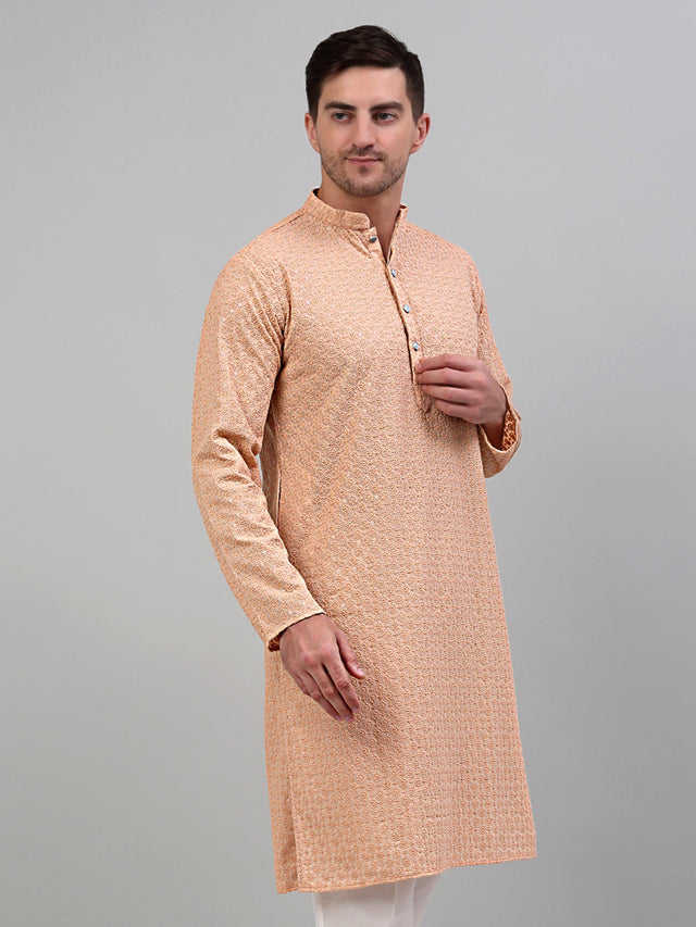 Men's Peach Chikankari Embroidered And Sequin Kurta