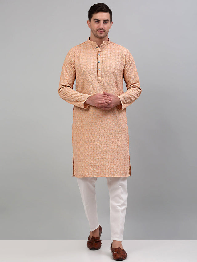 Men's Peach Chikankari Embroidered And Sequin Kurta