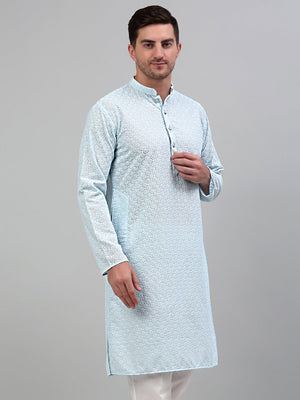 Men's Sky Blue Chikankari Embroidered and Sequin Kurta - XL