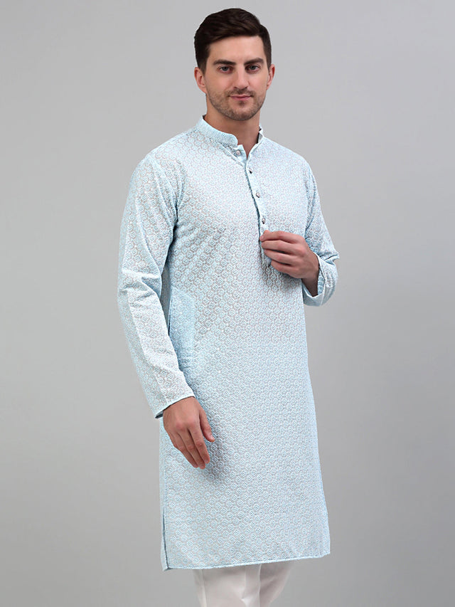 Men's Sky Blue Chikankari Embroidered and Sequin Kurta - XL
