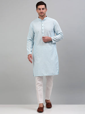 Men's Sky Blue Chikankari Embroidered And Sequin Kurta