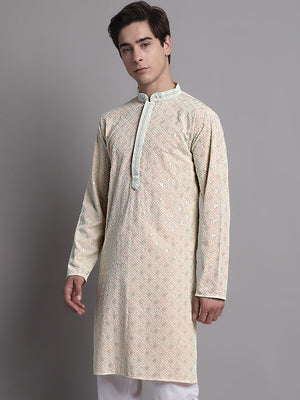 Men's Peach Chikankari Embroidered And Sequin Kurta