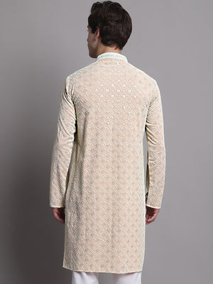 Men's Peach Chikankari Embroidered And Sequin Kurta