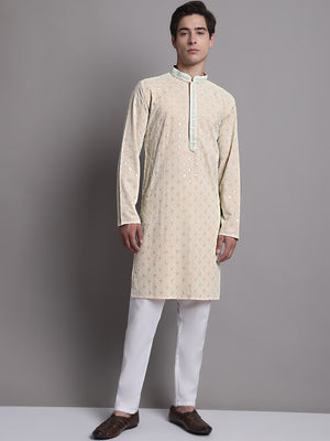 Men's Peach Chikankari Embroidered And Sequin Kurta