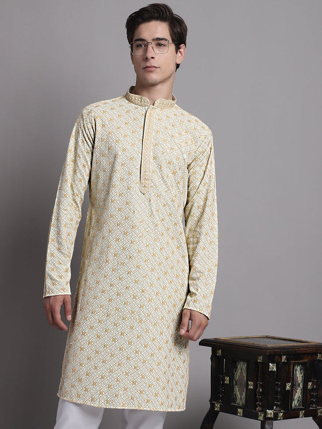 Men's Light Green Chikankari Embroidered And Sequin Kurta
