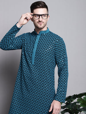 Men's Blue Sequin Embroidered Cotton Kurta