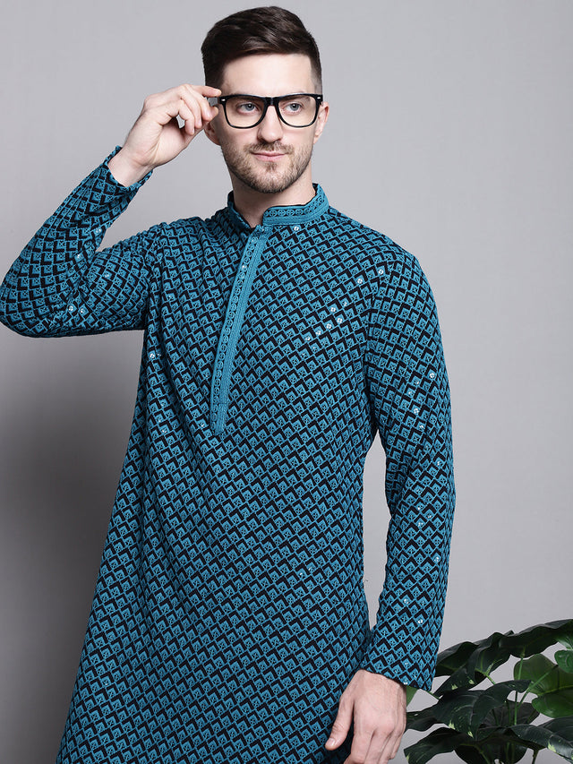 Men's Blue Sequin Embroidered Cotton Kurta