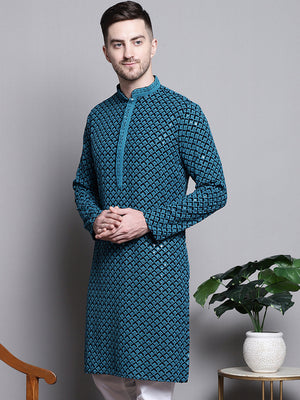 Men's Blue Sequin Embroidered Cotton Kurta