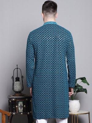 Men's Blue Sequin Embroidered Cotton Kurta