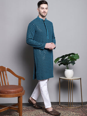 Men's Blue Sequin Embroidered Cotton Kurta