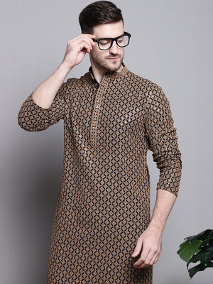 Men's Brown Sequin Embroidered Cotton Kurta