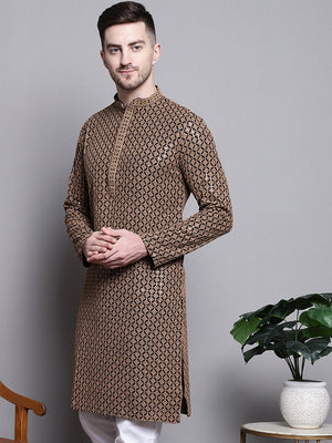 Men's Brown Sequin Embroidered Cotton Kurta
