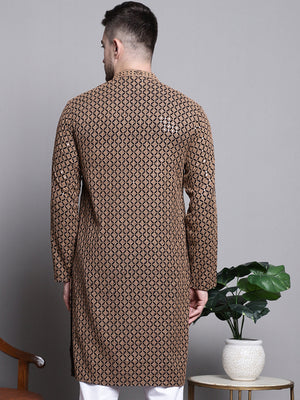 Men's Brown Sequin Embroidered Cotton Kurta
