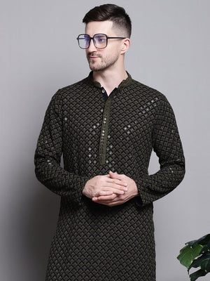 Men's Olive Sequin Embroidered Cotton Kurta