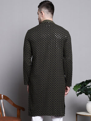 Men's Olive Sequin Embroidered Cotton Kurta