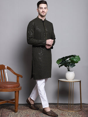 Men's Olive Sequin Embroidered Cotton Kurta