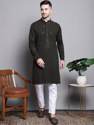 Men's Olive Sequin Embroidered Cotton Kurta