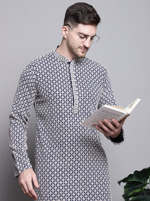 Men's Navy Sequin Embroidered Cotton Kurta