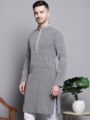 Men's Navy Sequin Embroidered Cotton Kurta