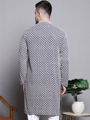 Men's Navy Sequin Embroidered Cotton Kurta