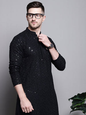 Men's Black Sequin Embroidered Cotton Kurta
