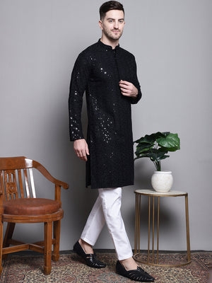 Men's Black Sequin Embroidered Cotton Kurta