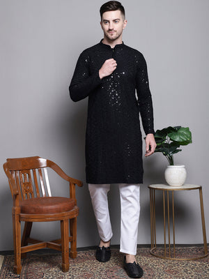 Men's Black Sequin Embroidered Cotton Kurta