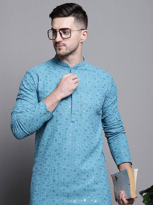 Men's Blue Sequin Embroidered Cotton Kurta