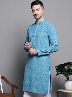 Men's Blue Sequin Embroidered Cotton Kurta