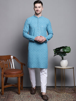 Men's Blue Sequin Embroidered Cotton Kurta