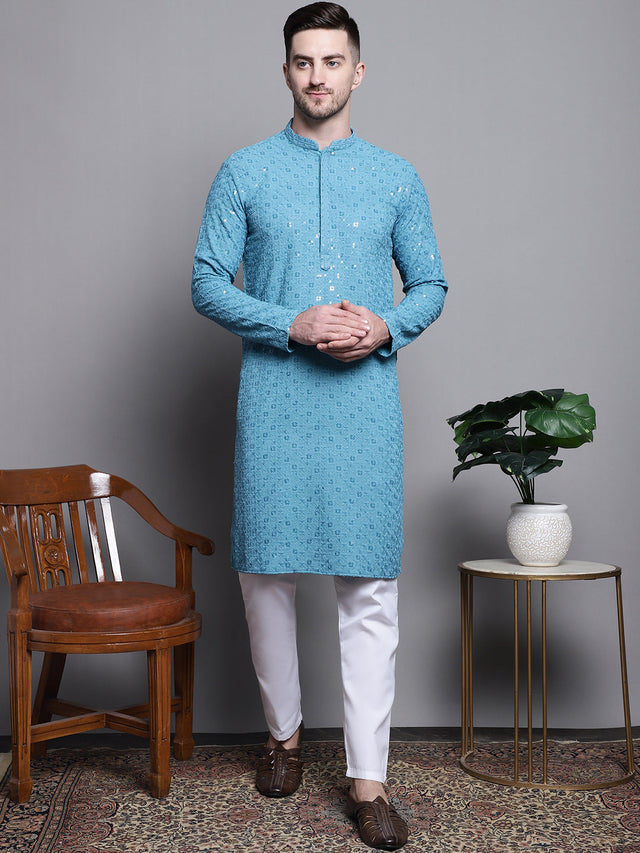 Men's Blue Sequin Embroidered Cotton Kurta