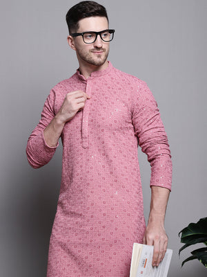 Men's Coral Sequin Embroidered Cotton Kurta