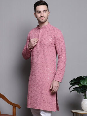 Men's Coral Sequin Embroidered Cotton Kurta
