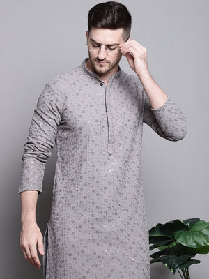 Men's Grey Sequin Embroidered Cotton Kurta