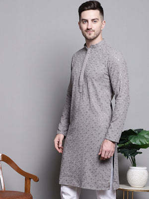 Men's Grey Sequin Embroidered Cotton Kurta