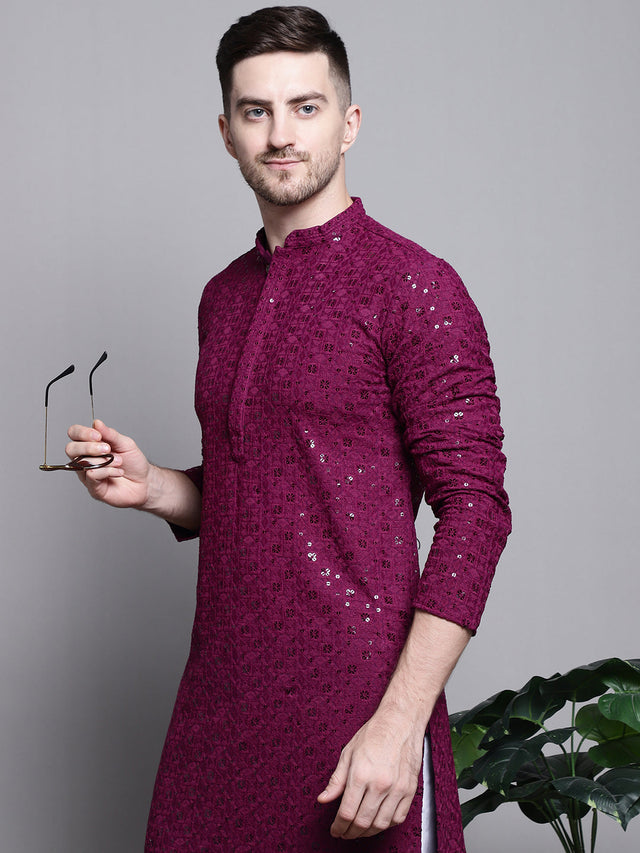 Men's Purple Sequin Embroidered Cotton Kurta