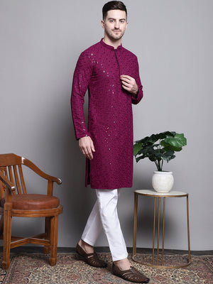 Men's Purple Sequin Embroidered Cotton Kurta