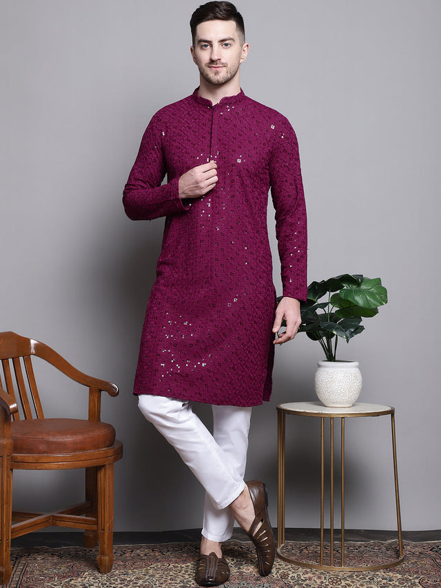 Men's Purple Sequin Embroidered Cotton Kurta