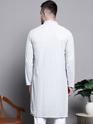 Men's Blue Sequin Embroidered Cotton Kurta