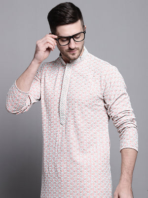 Men's Peach Sequin Embroidered Cotton Kurta